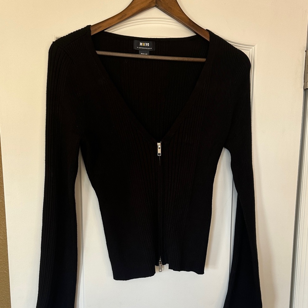 Maeve By Anthropologie Black Ribbed Knit Zip Top